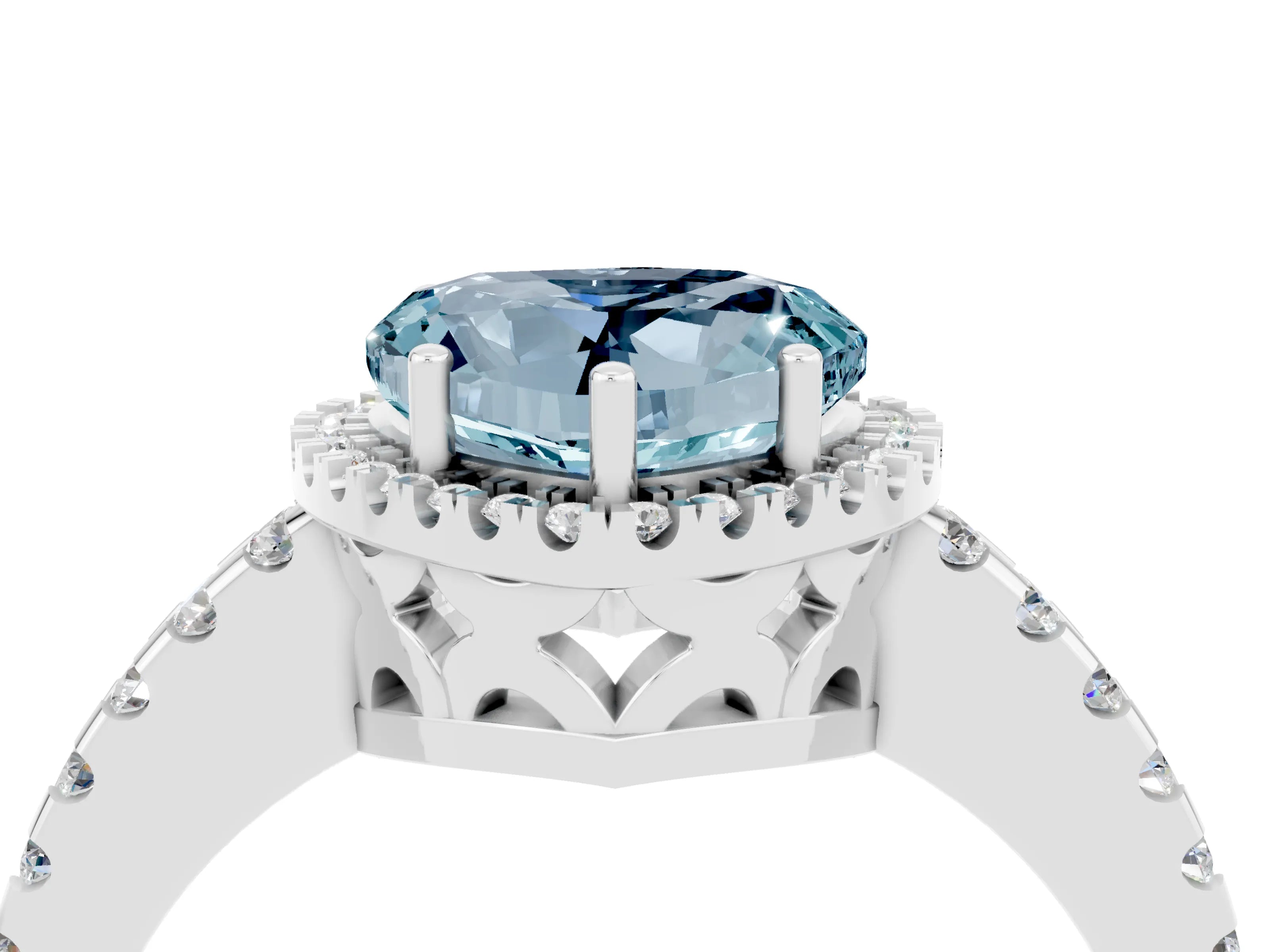 White gold Heart Cut Aquamarine Halo Engagement Ring with Pavé Band and Prong Setting_40