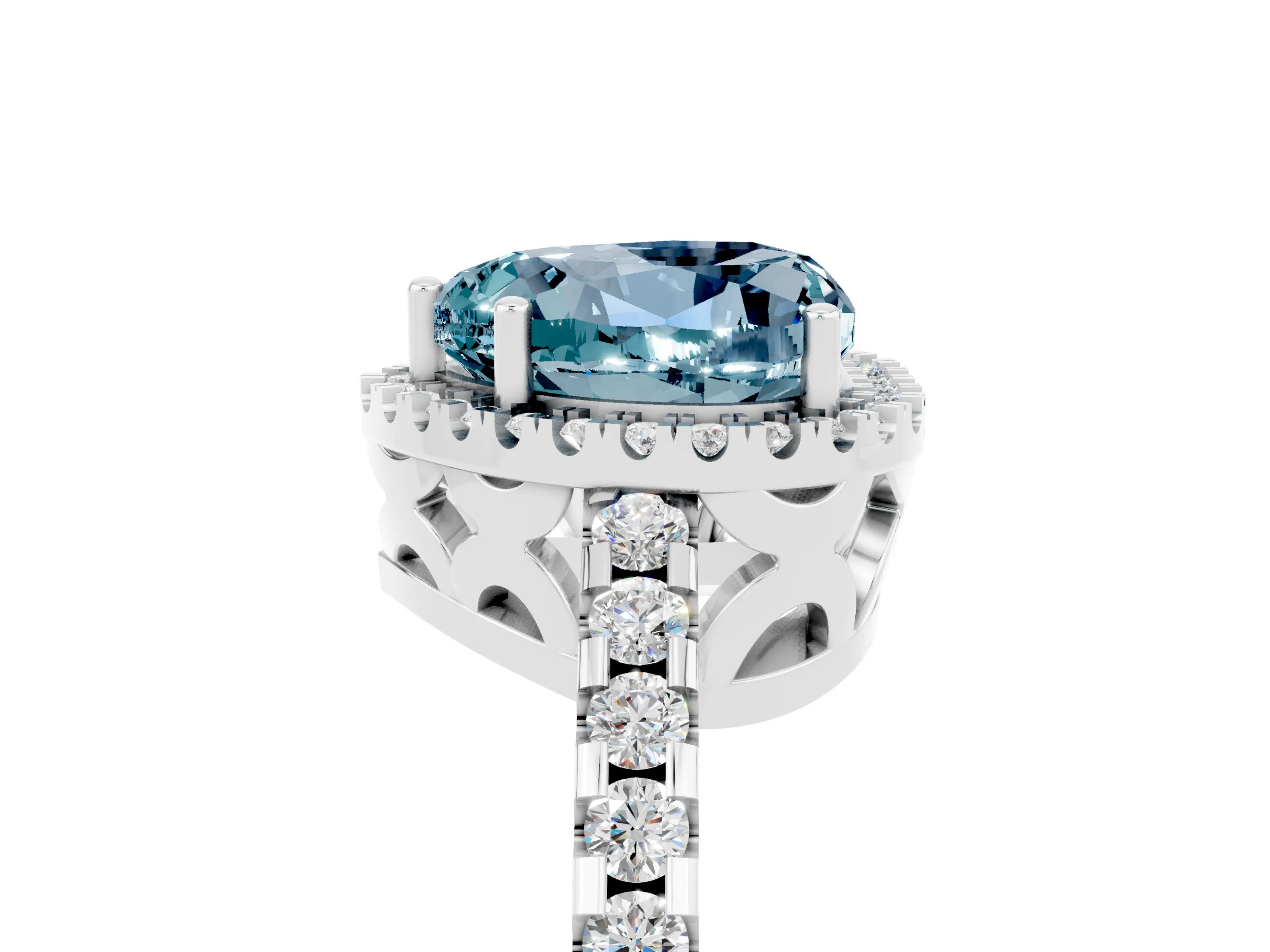 White gold Heart Cut Aquamarine Halo Engagement Ring with Pavé Band and Prong Setting_41