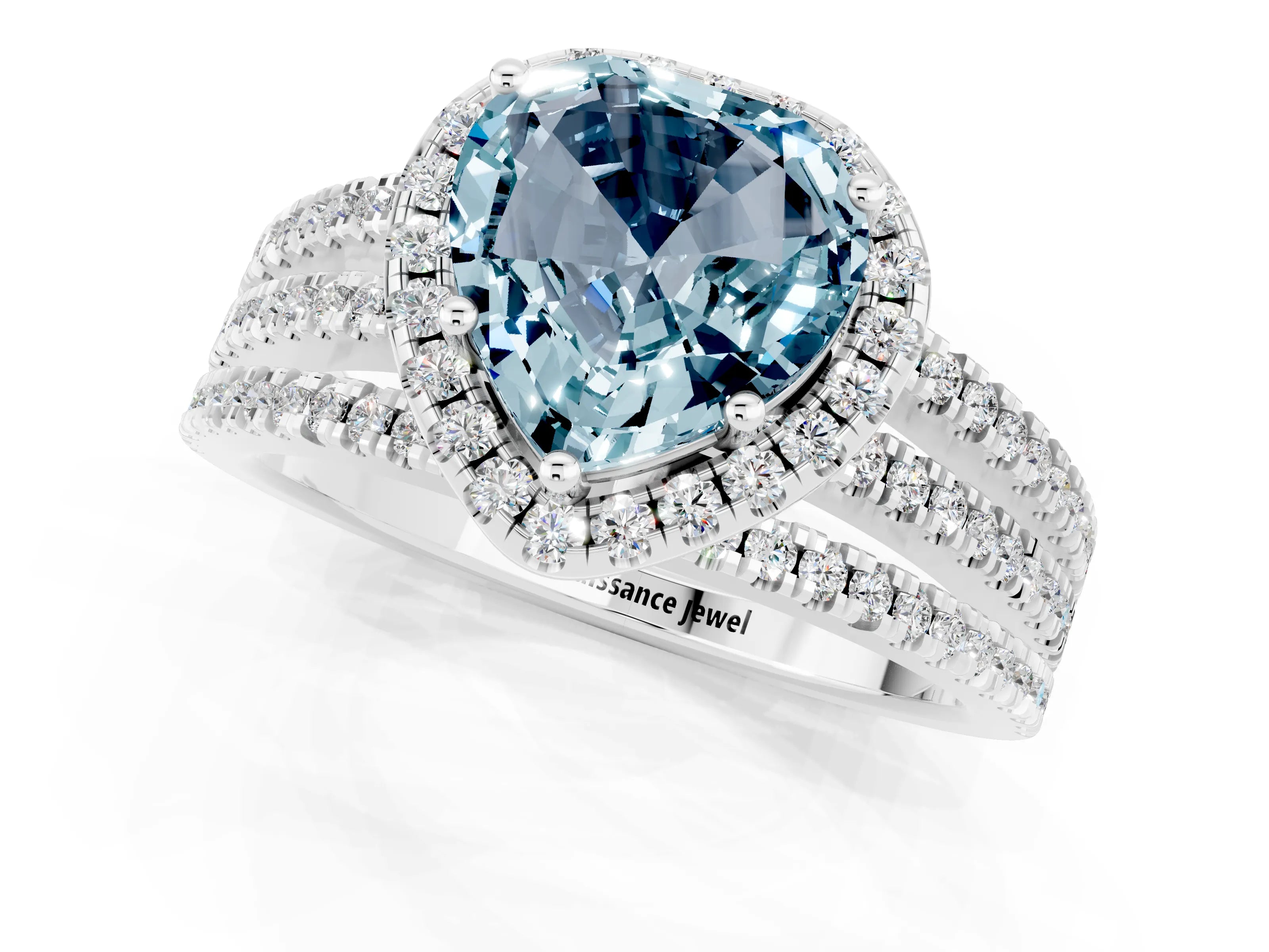 White gold Heart Cut Aquamarine Halo Engagement Ring with Split Shank and Four-Prong Setting_13