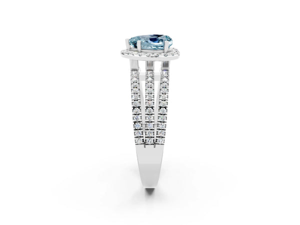 Platinum Heart Cut Aquamarine Halo Engagement Ring with Split Shank and Four-Prong Setting