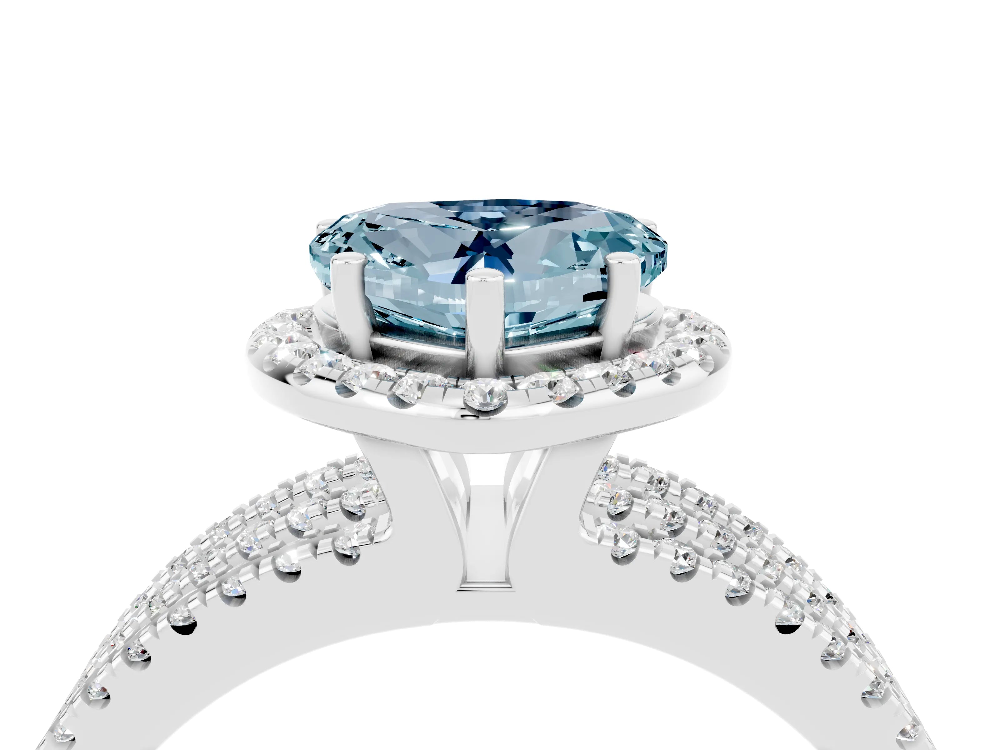 White gold Heart Cut Aquamarine Halo Engagement Ring with Split Shank and Four-Prong Setting_4