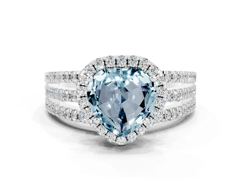 White gold Heart Cut Aquamarine Halo Engagement Ring with Split Shank and Four-Prong Setting