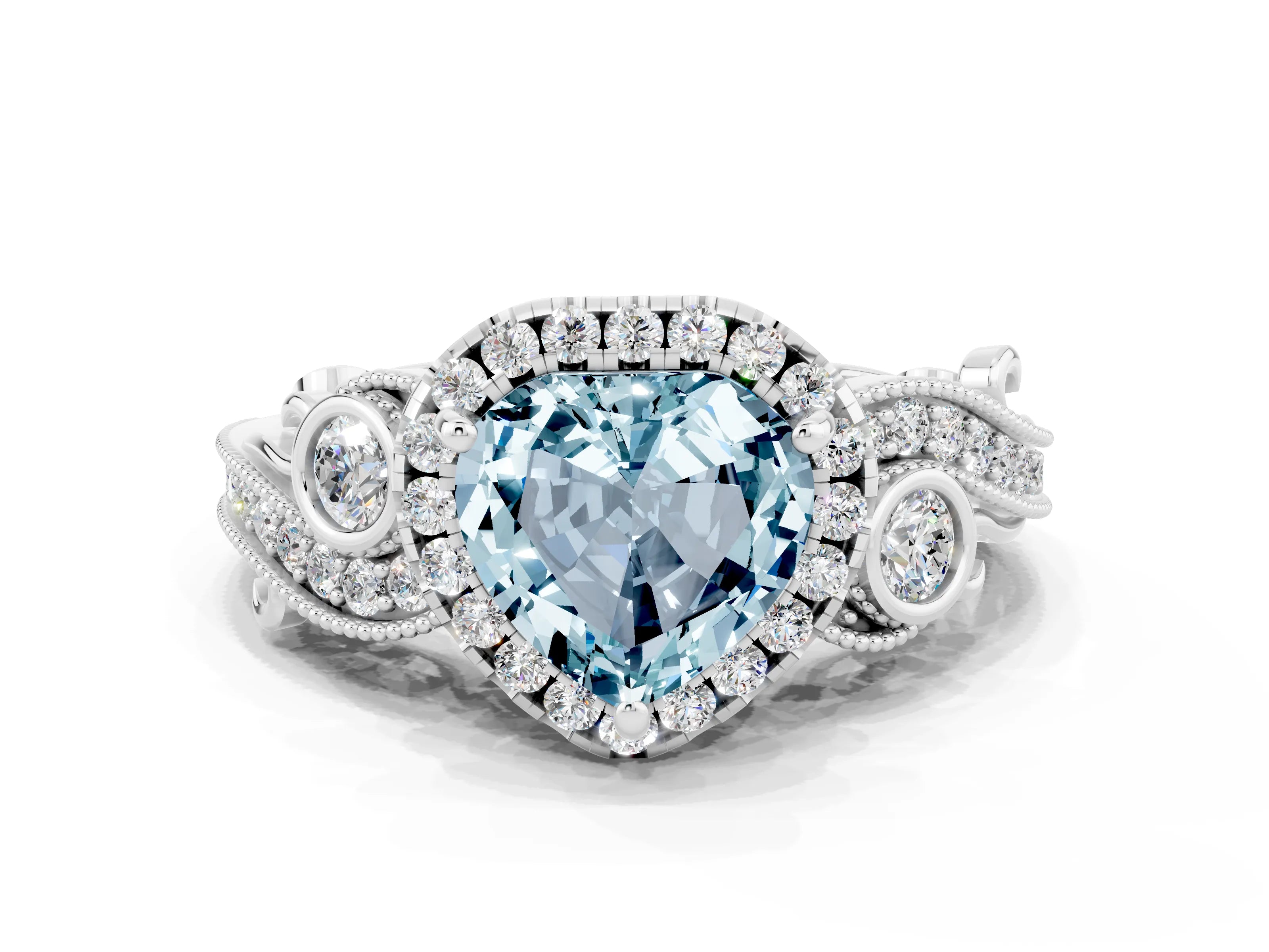 White gold Heart Cut Aquamarine Halo Ring with Milgrain Pavé Band and Four-Prong Setting_12