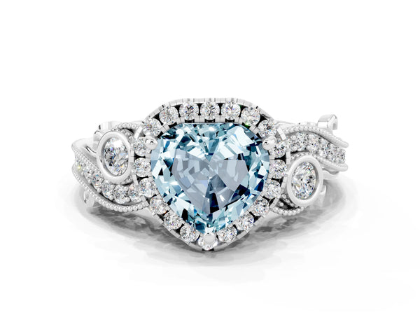 Platinum Heart Cut Aquamarine Halo Ring with Milgrain Pavé Band and Four-Prong Setting