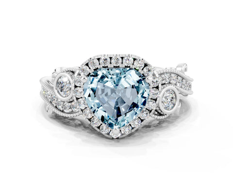 White gold Heart Cut Aquamarine Halo Ring with Milgrain Pavé Band and Four-Prong Setting_12
