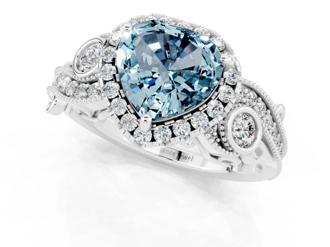 White gold Heart Cut Aquamarine Halo Ring with Milgrain Pavé Band and Four-Prong Setting_13