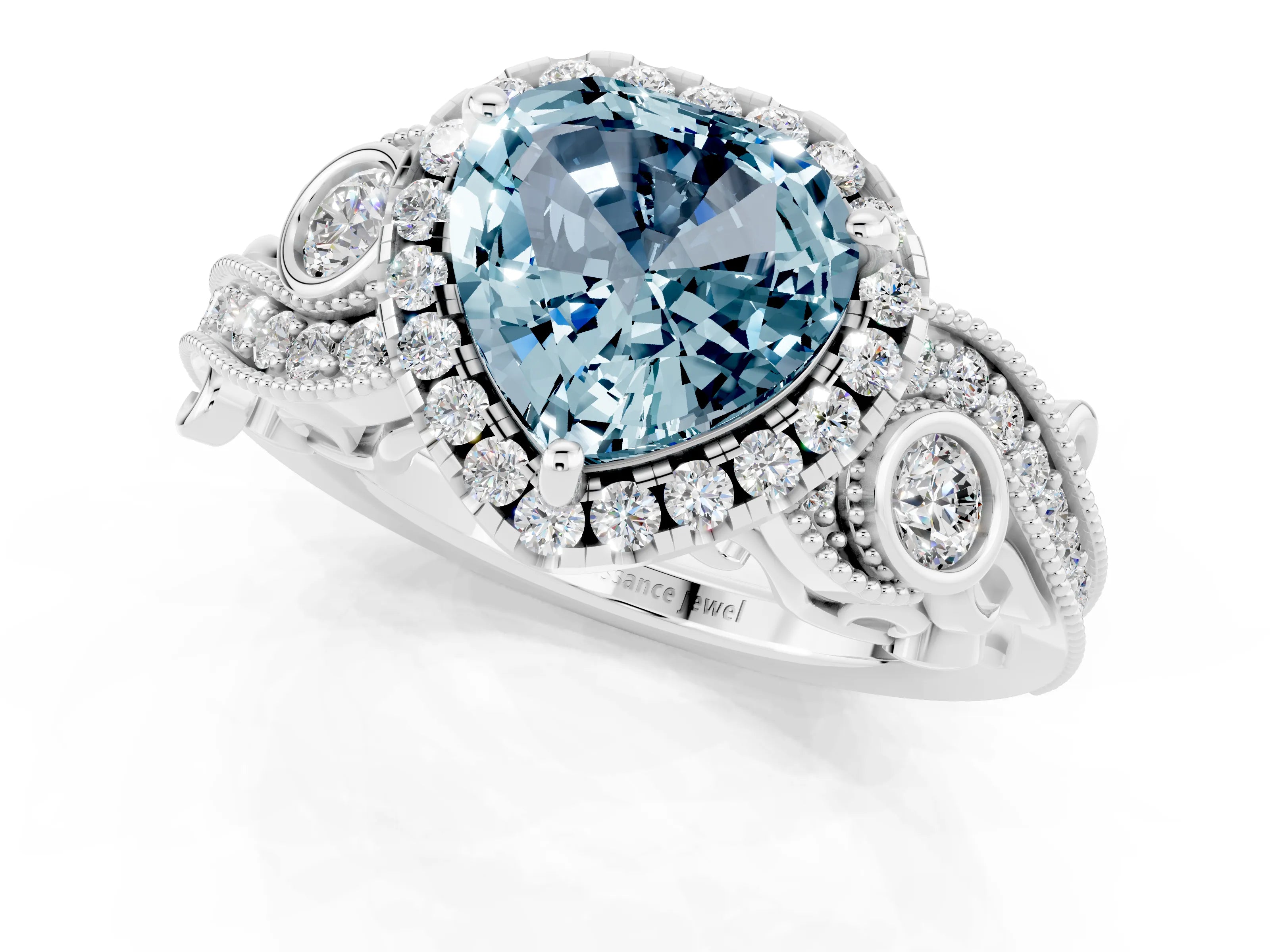 White gold Heart Cut Aquamarine Halo Ring with Milgrain Pavé Band and Four-Prong Setting_13
