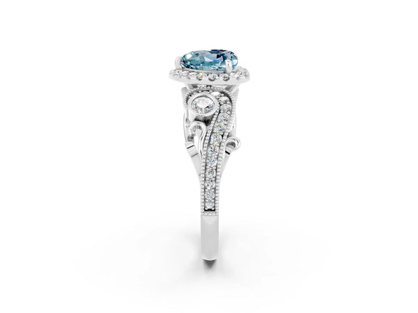 Platinum Heart Cut Aquamarine Halo Ring with Milgrain Pavé Band and Four-Prong Setting