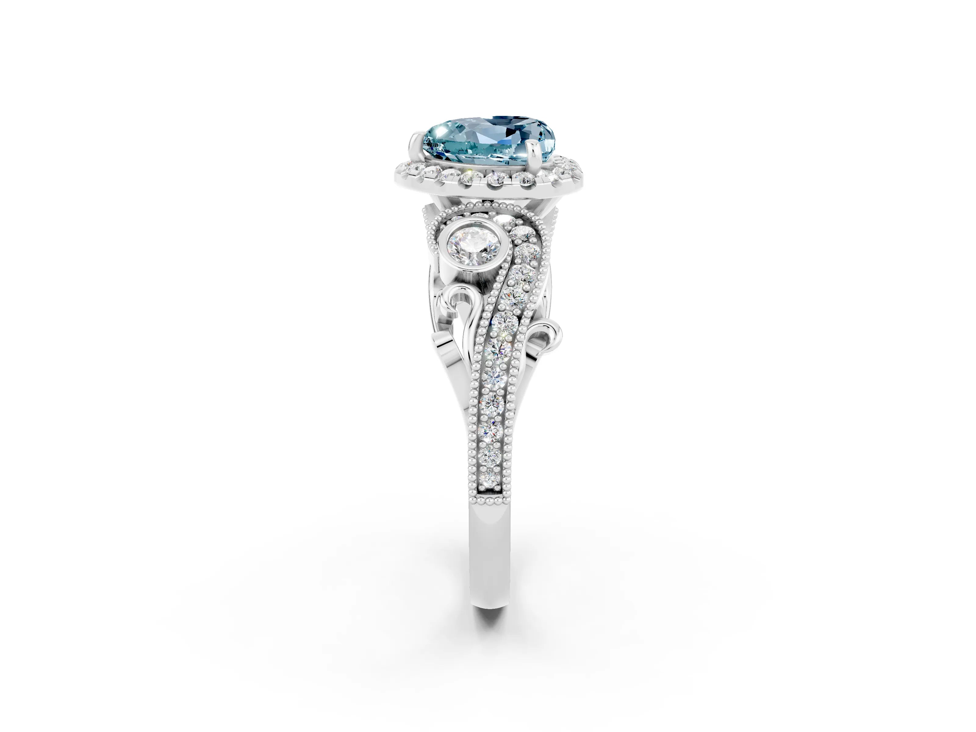 White gold Heart Cut Aquamarine Halo Ring with Milgrain Pavé Band and Four-Prong Setting_14