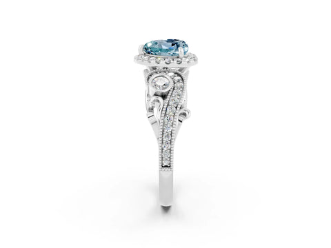 White gold Heart Cut Aquamarine Halo Ring with Milgrain Pavé Band and Four-Prong Setting_14