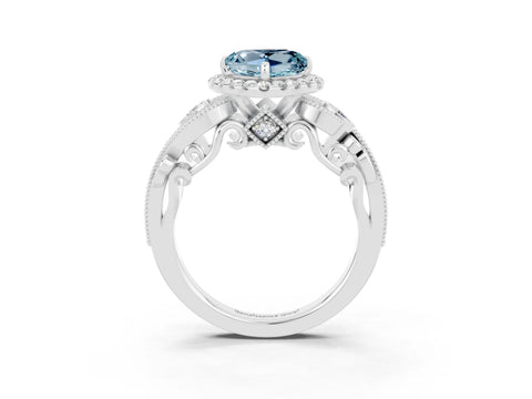 White gold Heart Cut Aquamarine Halo Ring with Milgrain Pavé Band and Four-Prong Setting_15