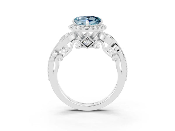White gold Heart Cut Aquamarine Halo Ring with Milgrain Pavé Band and Four-Prong Setting
