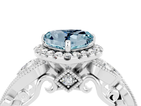 White gold Heart Cut Aquamarine Halo Ring with Milgrain Pavé Band and Four-Prong Setting_16