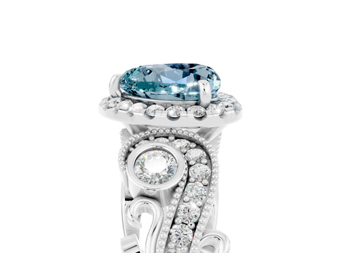 White gold Heart Cut Aquamarine Halo Ring with Milgrain Pavé Band and Four-Prong Setting_17