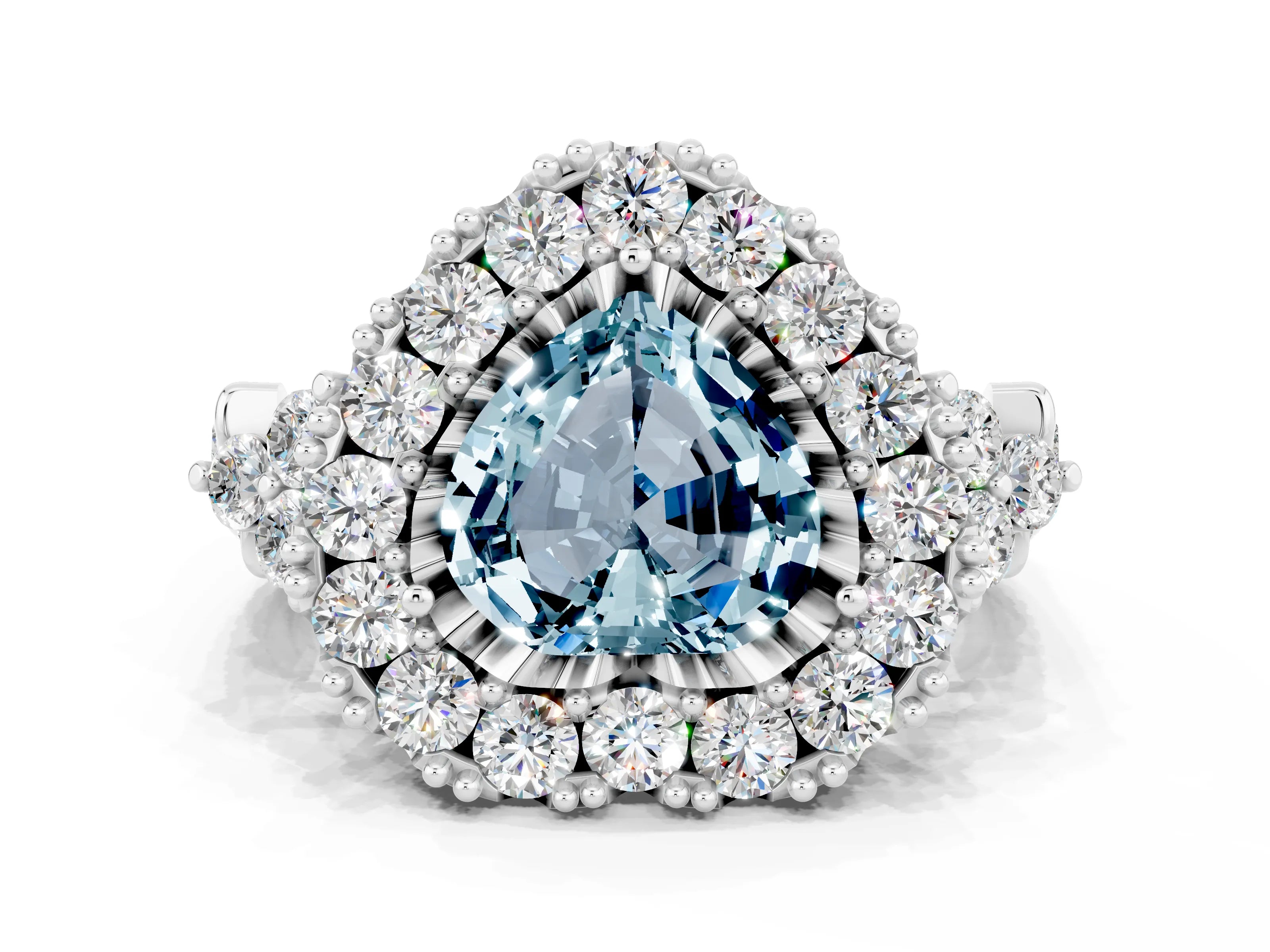 White gold Heart Cut Aquamarine Halo Ring with Pavé Band and Four-Prong Setting_12