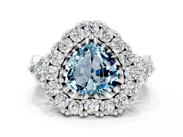 Silver Heart Cut Aquamarine Halo Ring with Pavé Band and Four-Prong Setting
