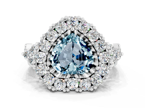 White gold Heart Cut Aquamarine Halo Ring with Pavé Band and Four-Prong Setting_12