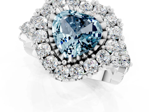 White gold Heart Cut Aquamarine Halo Ring with Pavé Band and Four-Prong Setting_13