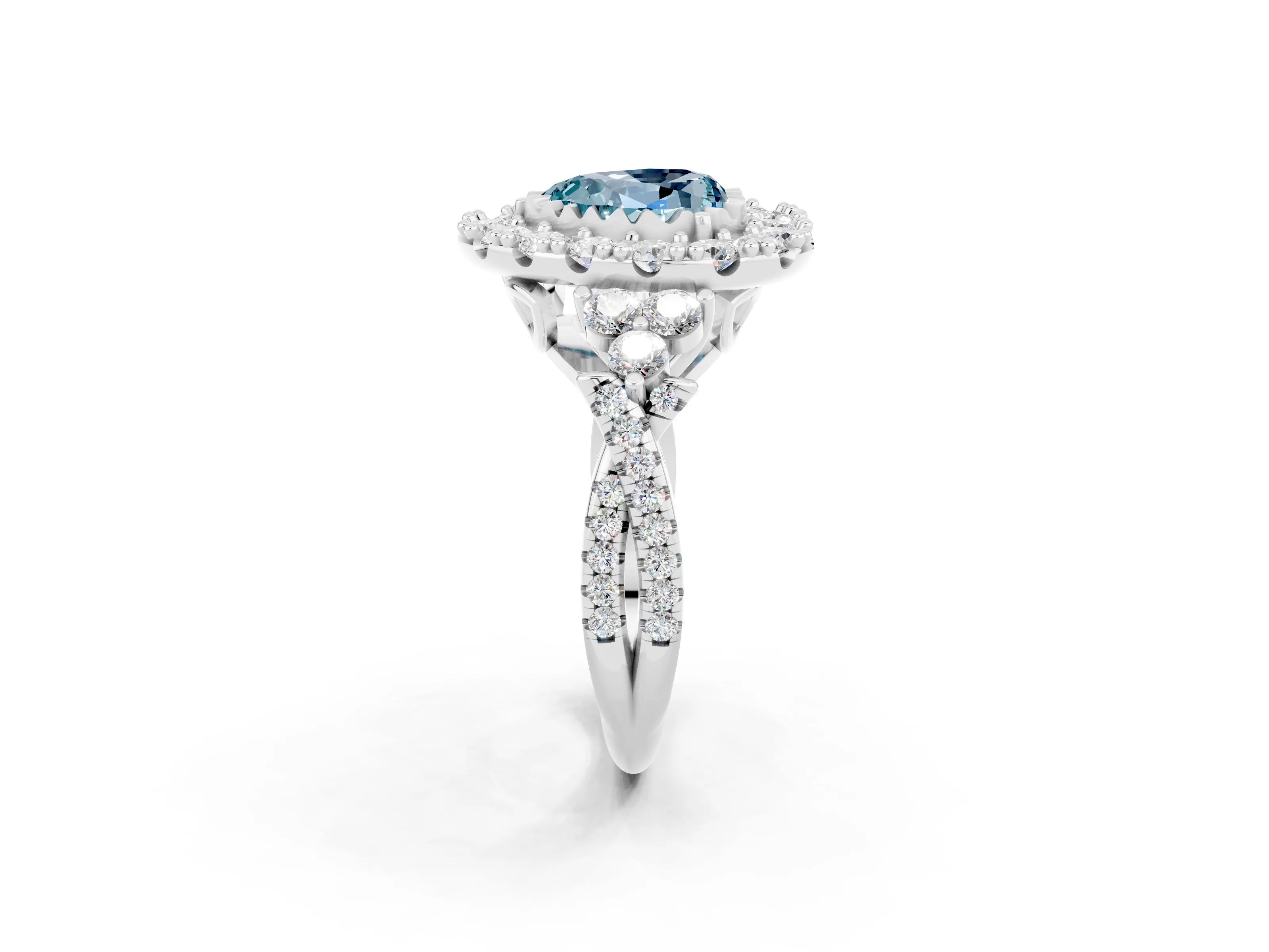 White gold Heart Cut Aquamarine Halo Ring with Pavé Band and Four-Prong Setting_14