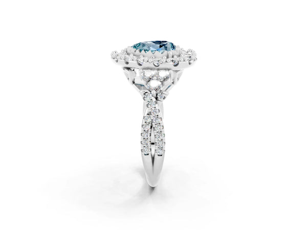 White gold Heart Cut Aquamarine Halo Ring with Pavé Band and Four-Prong Setting