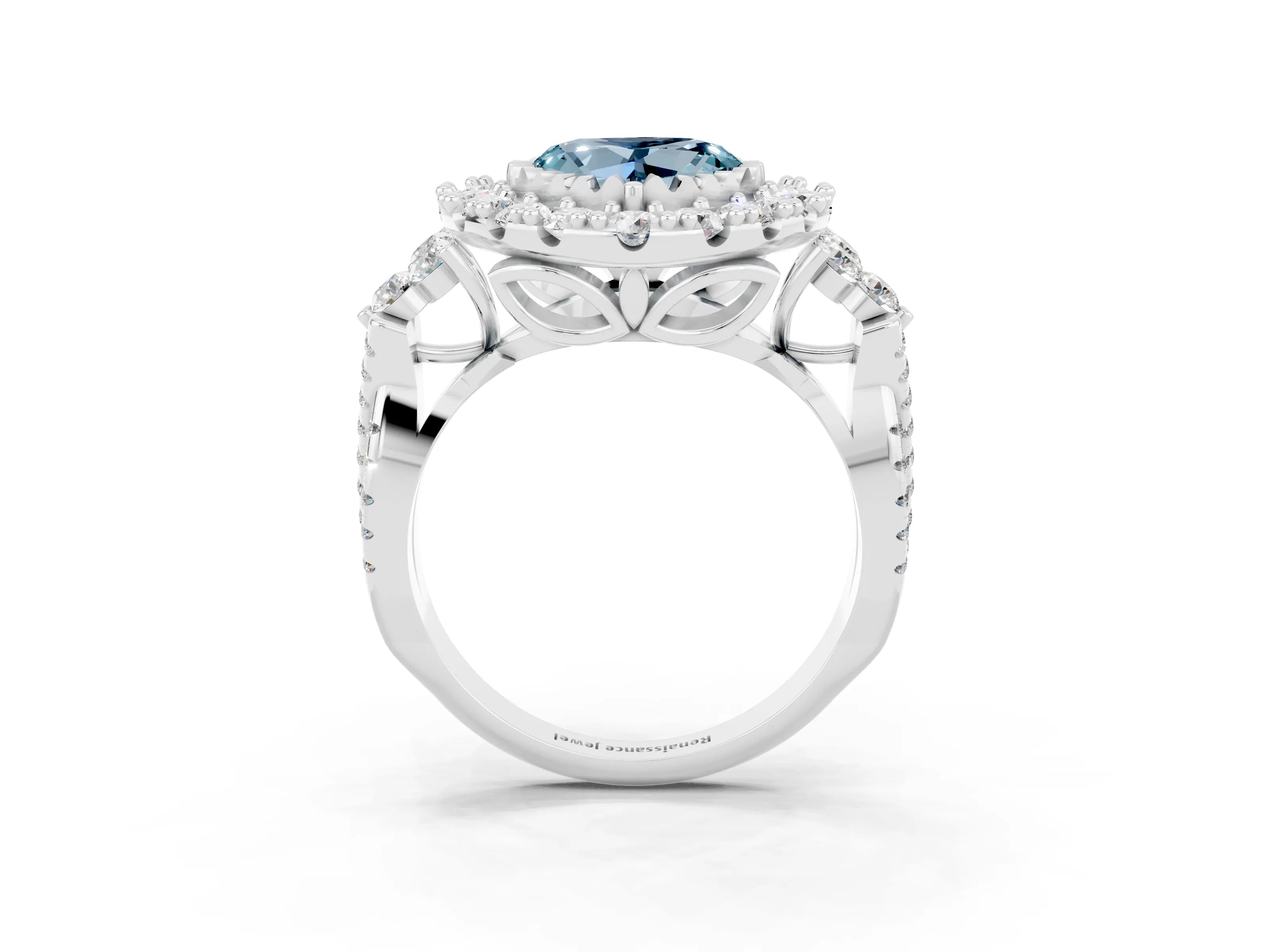 White gold Heart Cut Aquamarine Halo Ring with Pavé Band and Four-Prong Setting_15