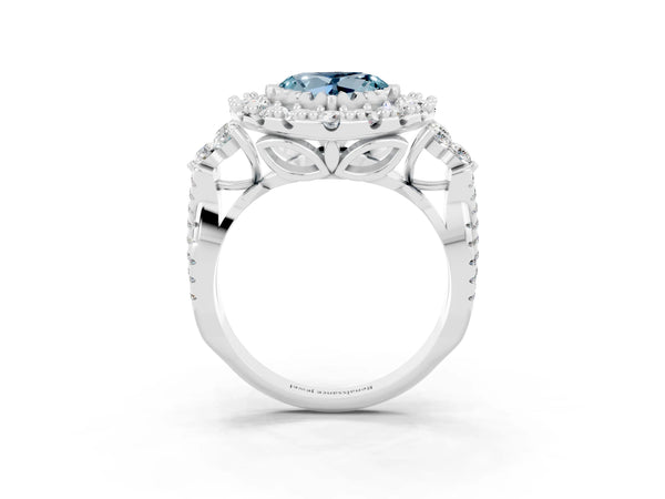 Platinum Heart Cut Aquamarine Halo Ring with Pavé Band and Four-Prong Setting