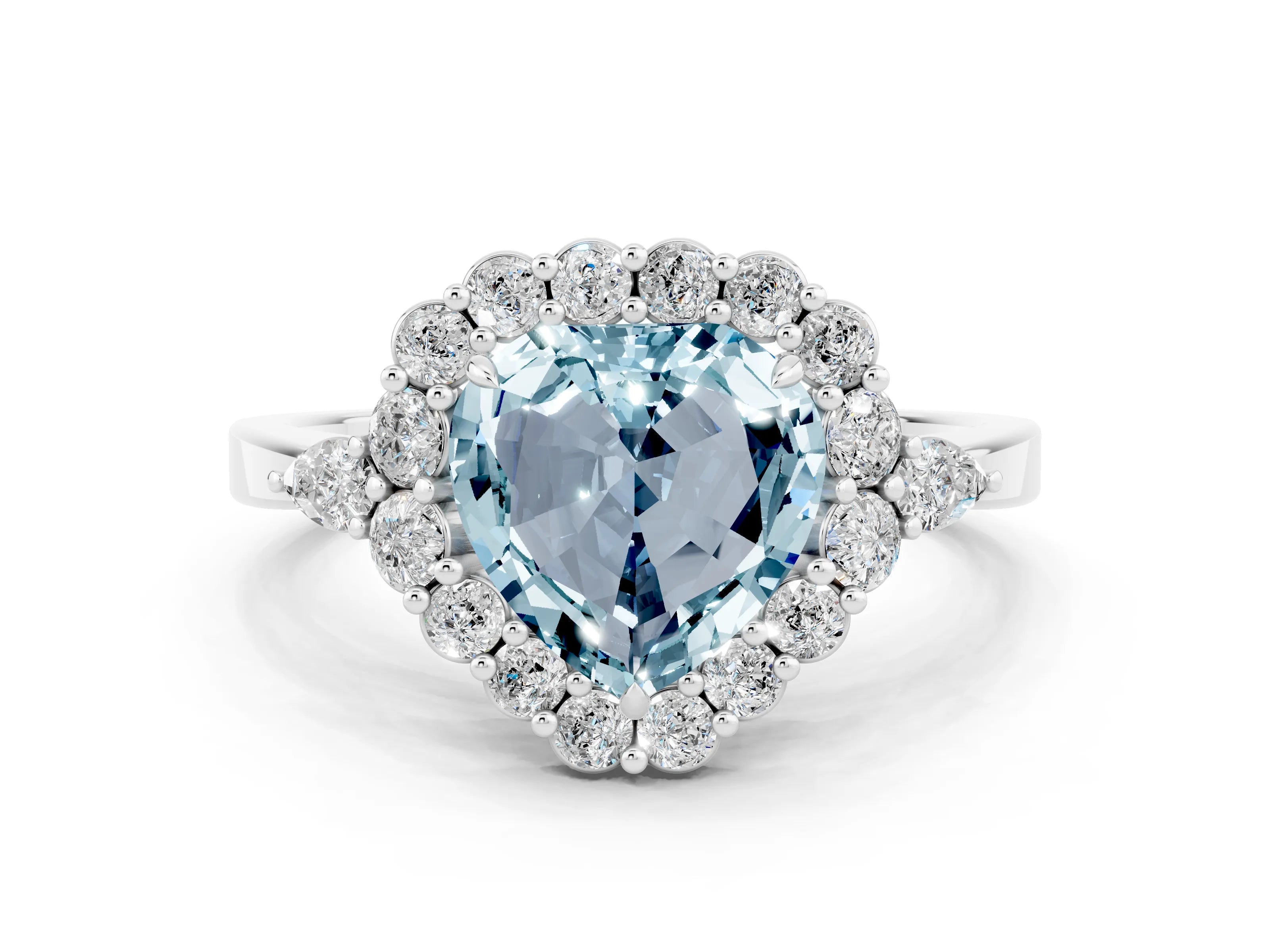 White gold Heart Cut Aquamarine Halo Ring with Pear Side Stones and Prong Setting_24