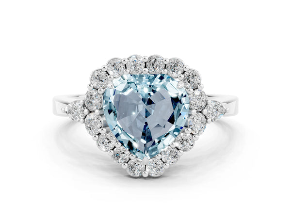 Silver Heart Cut Aquamarine Halo Ring with Pear Side Stones and Prong Setting
