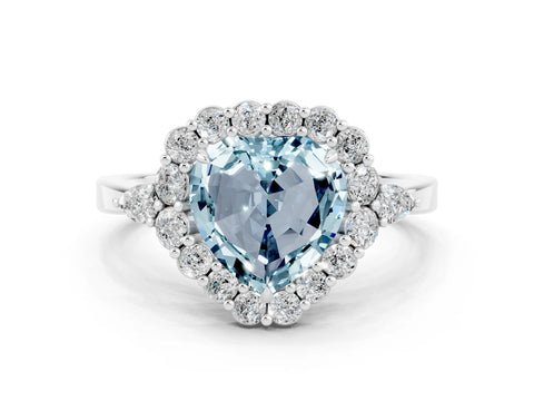 White gold Heart Cut Aquamarine Halo Ring with Pear Side Stones and Prong Setting_24