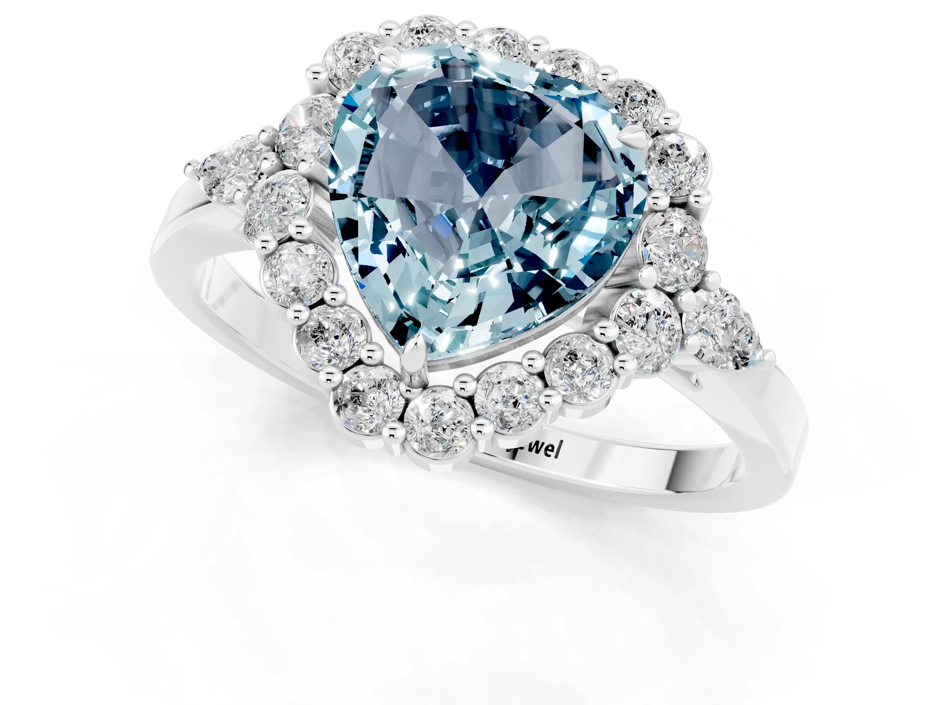 White gold Heart Cut Aquamarine Halo Ring with Pear Side Stones and Prong Setting_25