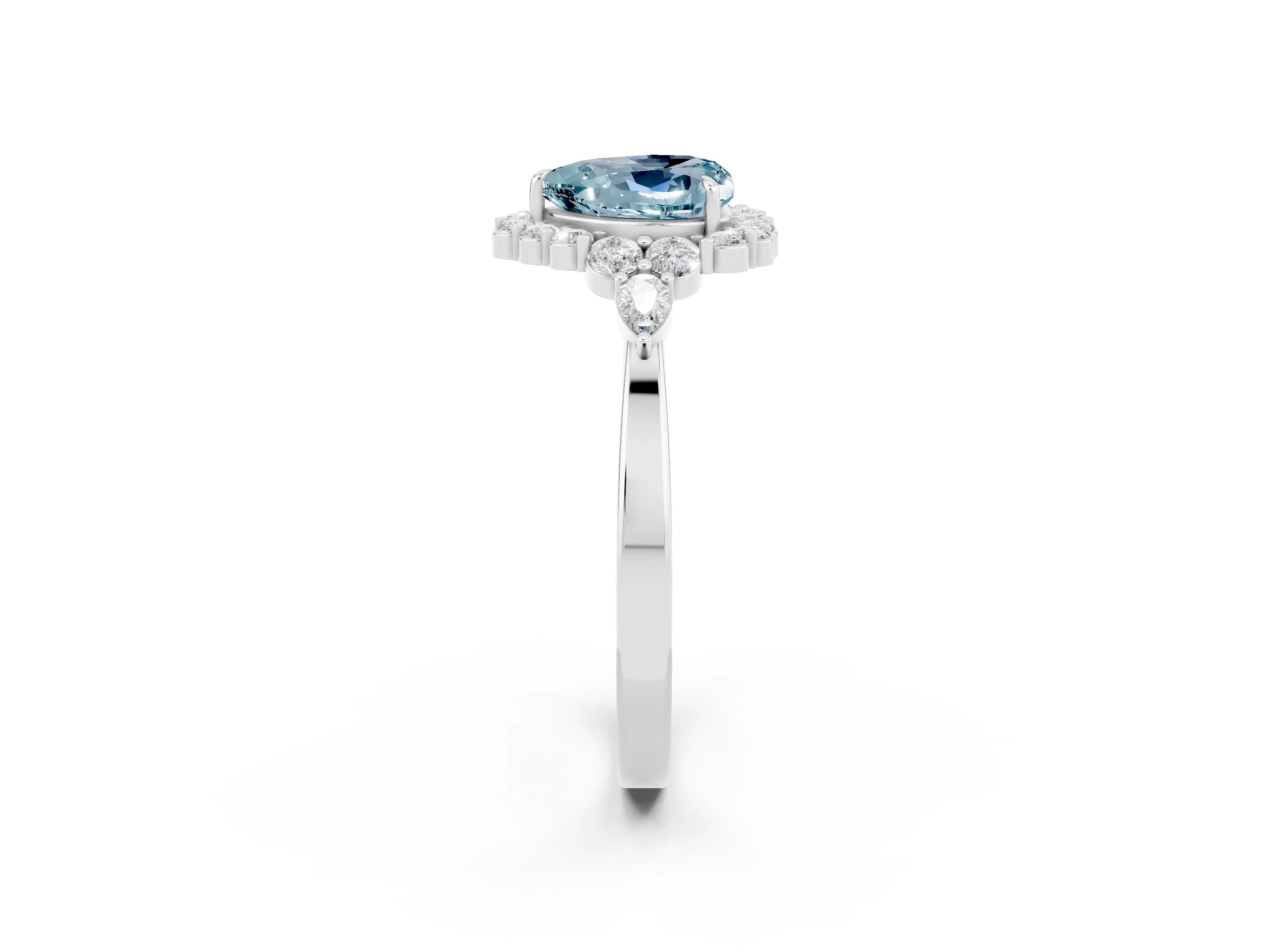 White gold Heart Cut Aquamarine Halo Ring with Pear Side Stones and Prong Setting_26