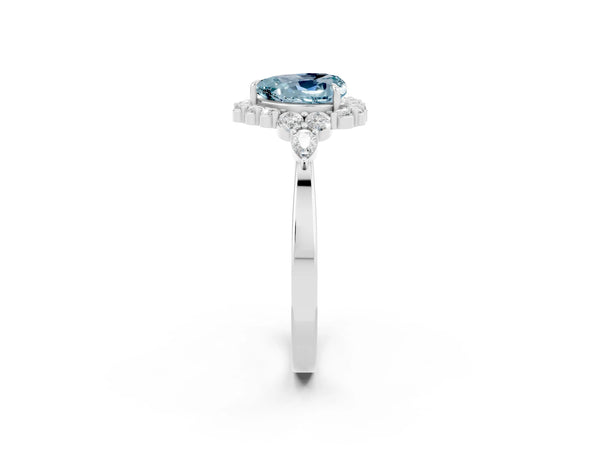 Silver Heart Cut Aquamarine Halo Ring with Pear Side Stones and Prong Setting