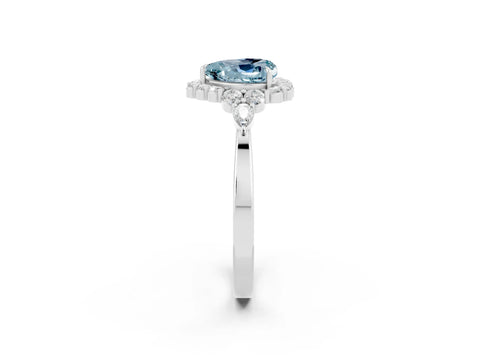White gold Heart Cut Aquamarine Halo Ring with Pear Side Stones and Prong Setting_26