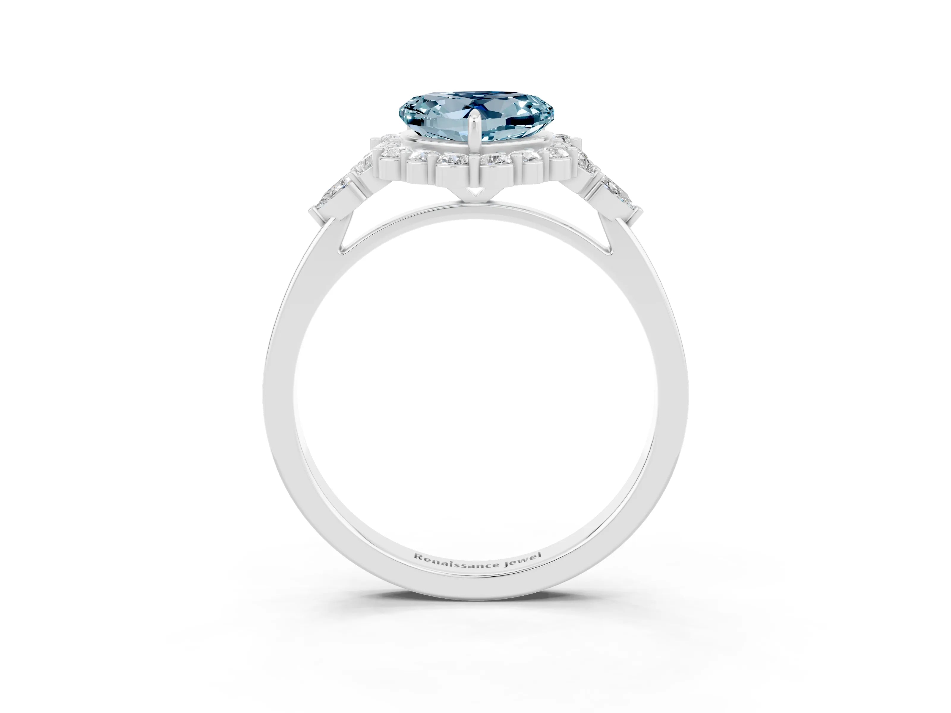 White gold Heart Cut Aquamarine Halo Ring with Pear Side Stones and Prong Setting_27
