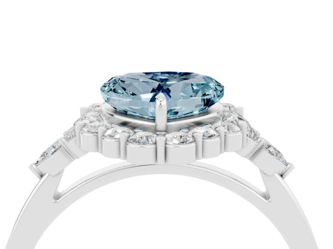 White gold Heart Cut Aquamarine Halo Ring with Pear Side Stones and Prong Setting_28