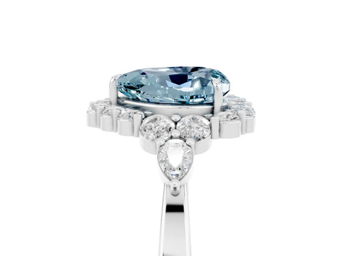 White gold Heart Cut Aquamarine Halo Ring with Pear Side Stones and Prong Setting_29