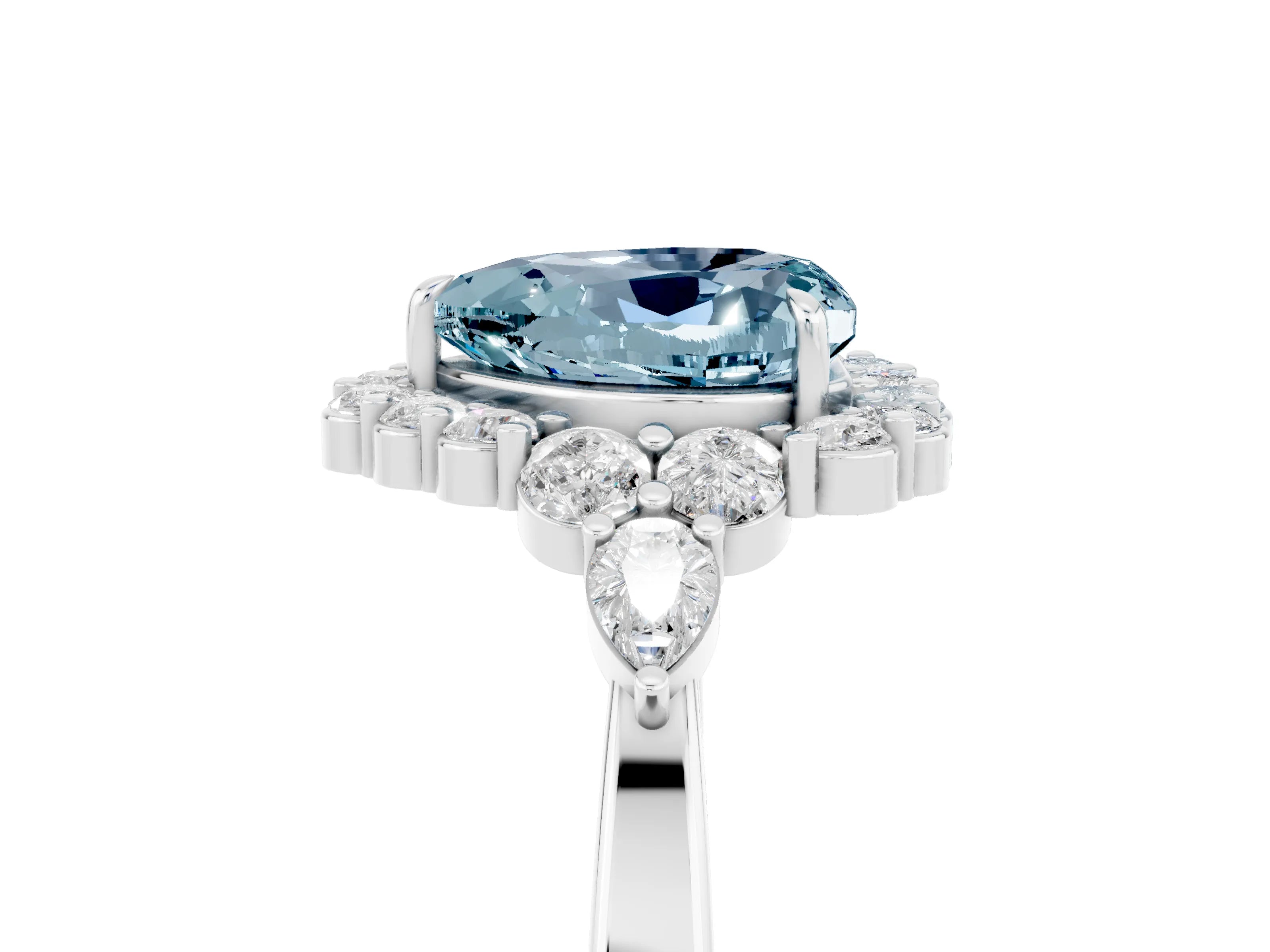 White gold Heart Cut Aquamarine Halo Ring with Pear Side Stones and Prong Setting_29