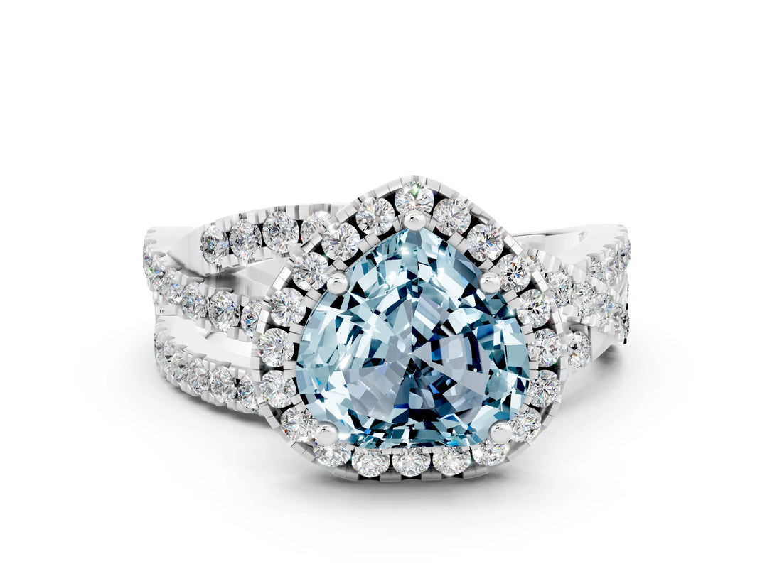 White gold Heart Cut Aquamarine Halo Ring with Round Split Shank and Prong Setting_60