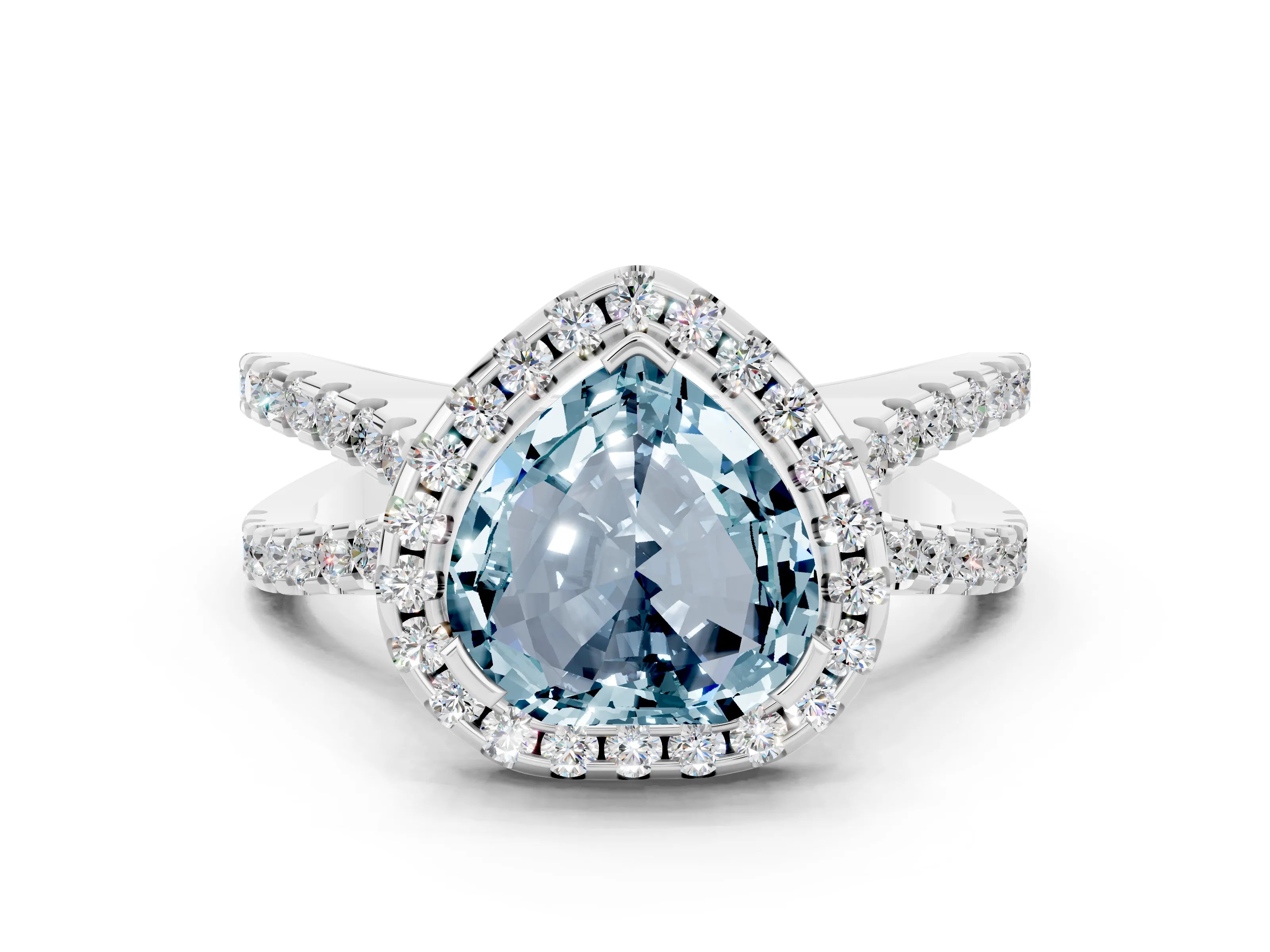White gold Heart Cut Aquamarine Halo Ring with Split Shank Pavé Band and Prong Setting