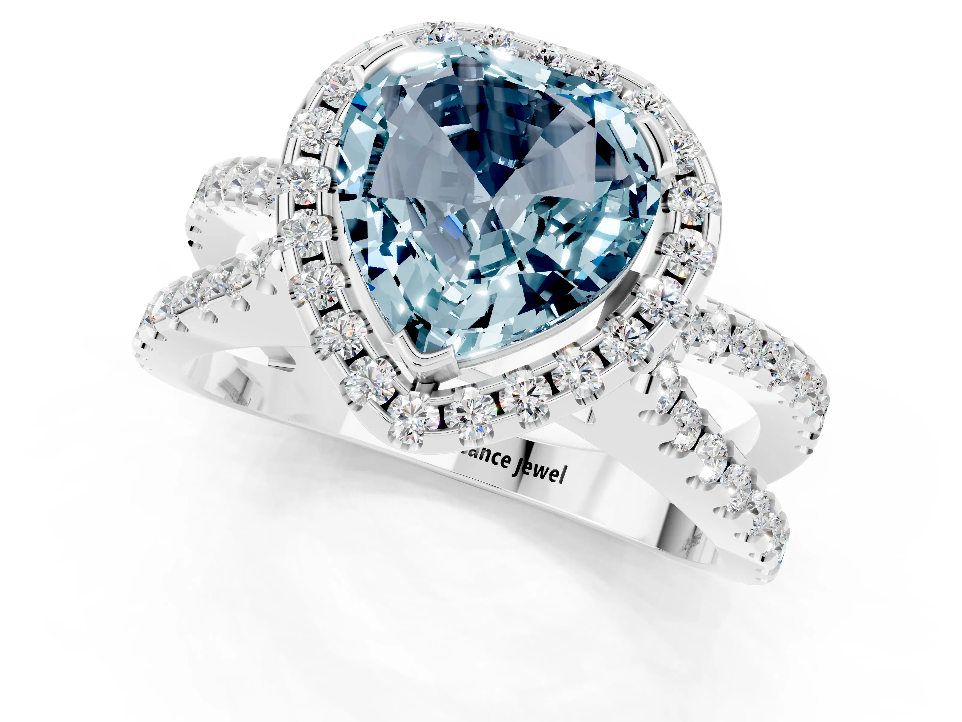 White gold Heart Cut Aquamarine Halo Ring with Split Shank Pavé Band and Prong Setting_1