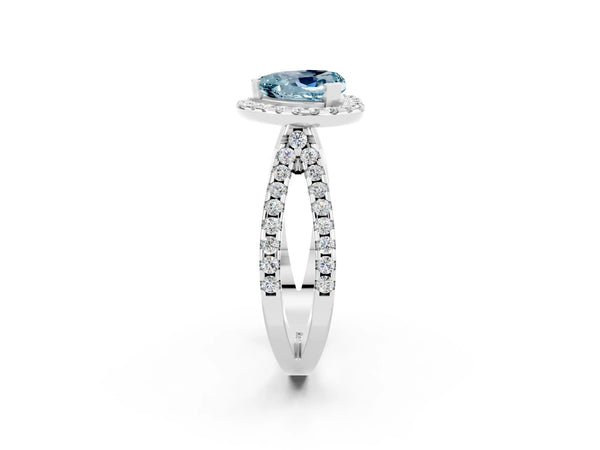 Platinum Heart Cut Aquamarine Halo Ring with Split Shank Pavé Band and Prong Setting