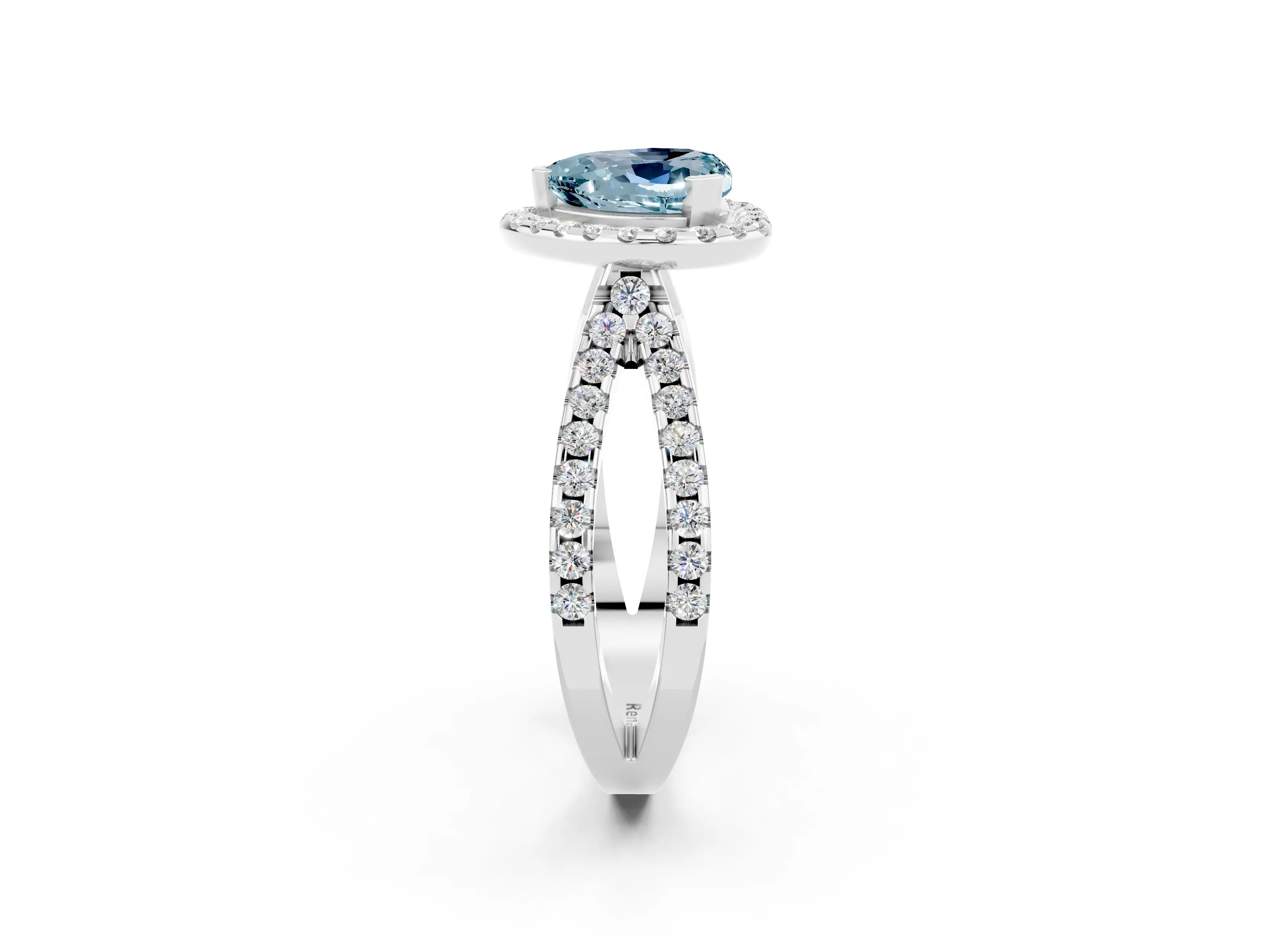 White gold Heart Cut Aquamarine Halo Ring with Split Shank Pavé Band and Prong Setting_2