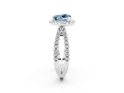 White gold Heart Cut Aquamarine Halo Ring with Split Shank Pavé Band and Prong Setting_2