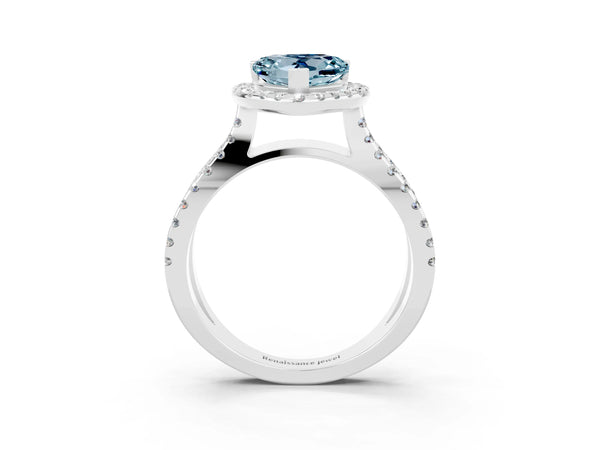 Platinum Heart Cut Aquamarine Halo Ring with Split Shank Pavé Band and Prong Setting