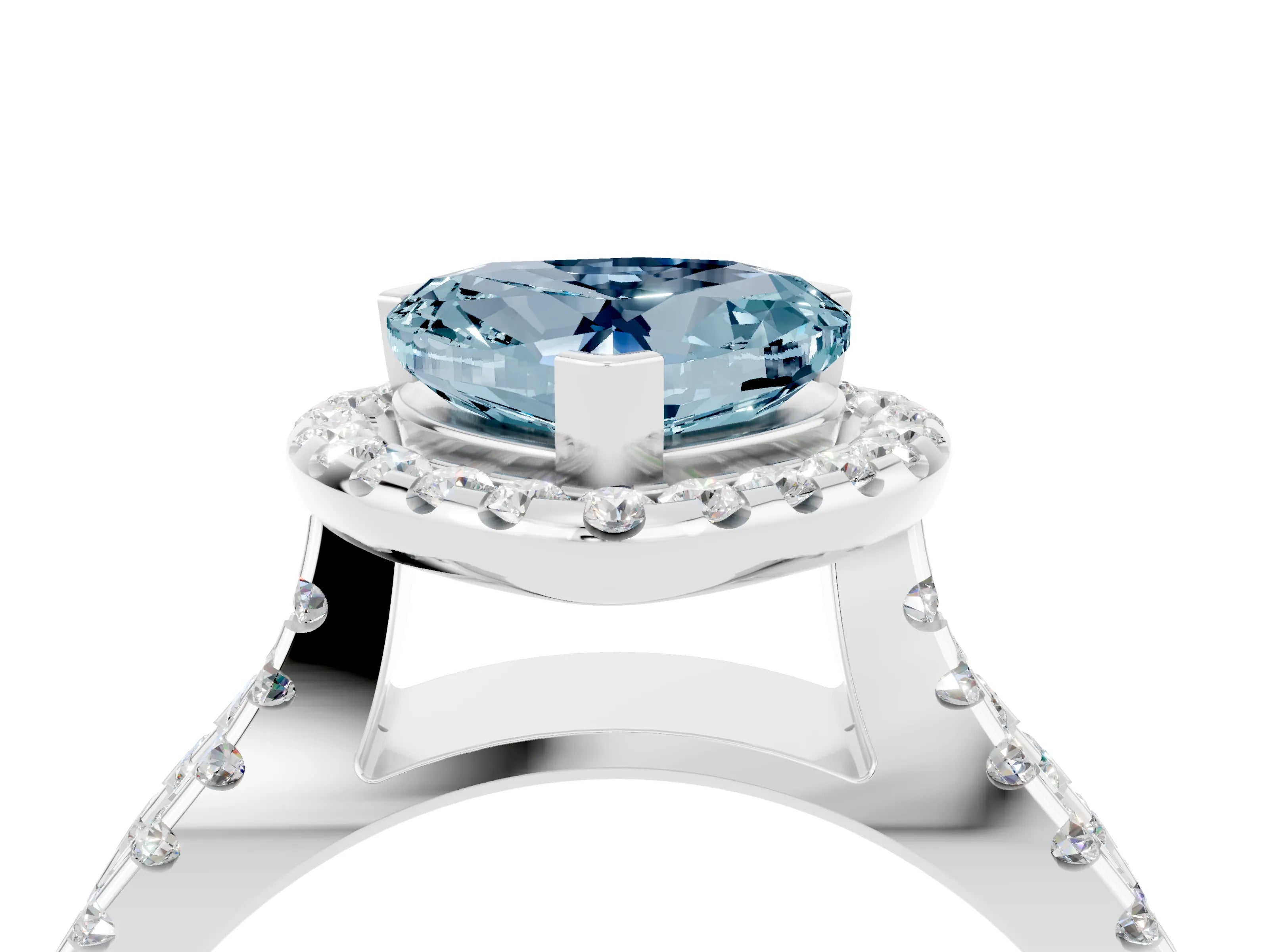 White gold Heart Cut Aquamarine Halo Ring with Split Shank Pavé Band and Prong Setting_4