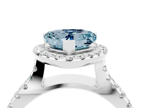 White gold Heart Cut Aquamarine Halo Ring with Split Shank Pavé Band and Prong Setting_4