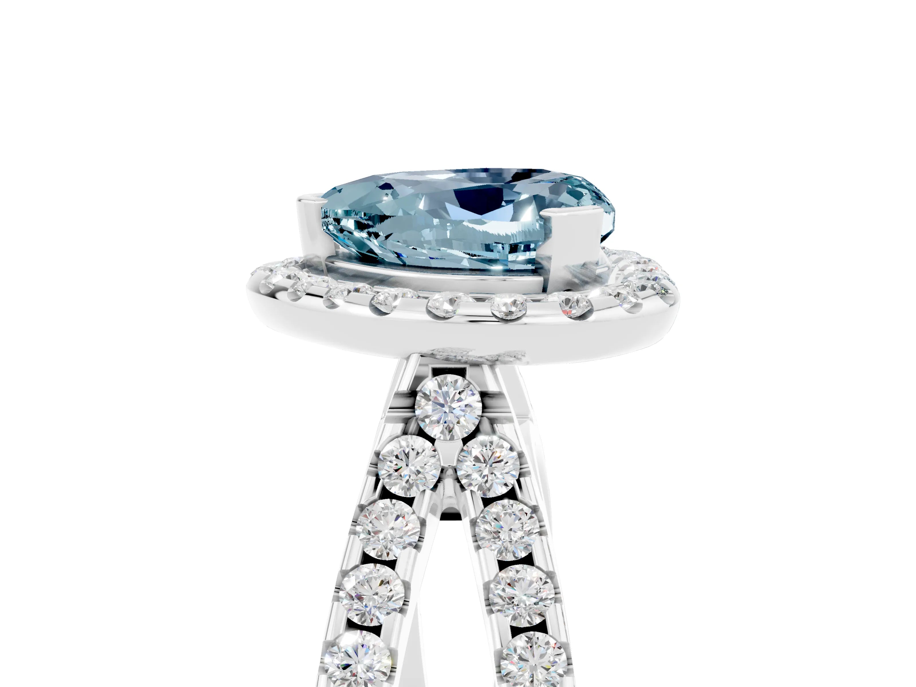 White gold Heart Cut Aquamarine Halo Ring with Split Shank Pavé Band and Prong Setting_5