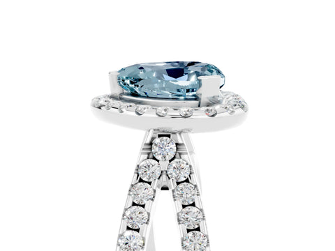 White gold Heart Cut Aquamarine Halo Ring with Split Shank Pavé Band and Prong Setting_5