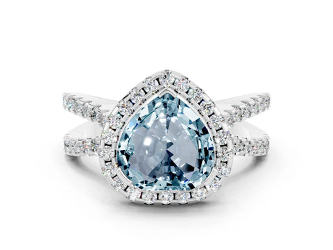 White gold Heart Cut Aquamarine Halo Ring with Split Shank Pavé Band and Prong Setting
