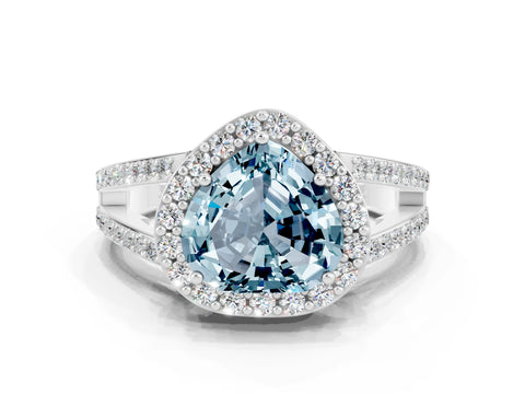 White gold Heart Cut Aquamarine Halo Ring with Split Shank U-Prong Band and Four-Prong Setting
